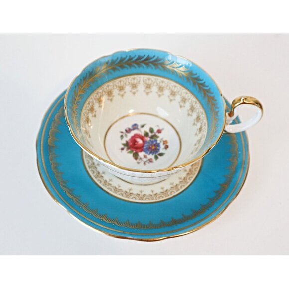 Aynsley Teacup and Saucer Vintage Tea Turquoise With Gold Gilt - Picture 1 of 6